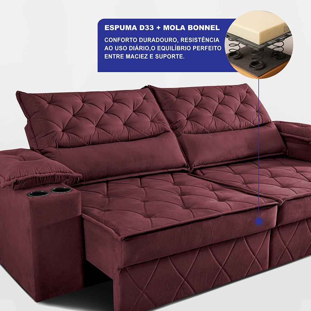 Sofá Retrátil e Reclinável 2,10m com Porta Copos e Molas Cosmos Velusoft Vinho Cama inBox - 4
