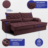 Sofá Retrátil e Reclinável 2,10m com Porta Copos e Molas Cosmos Velusoft Vinho Cama inBox - 2