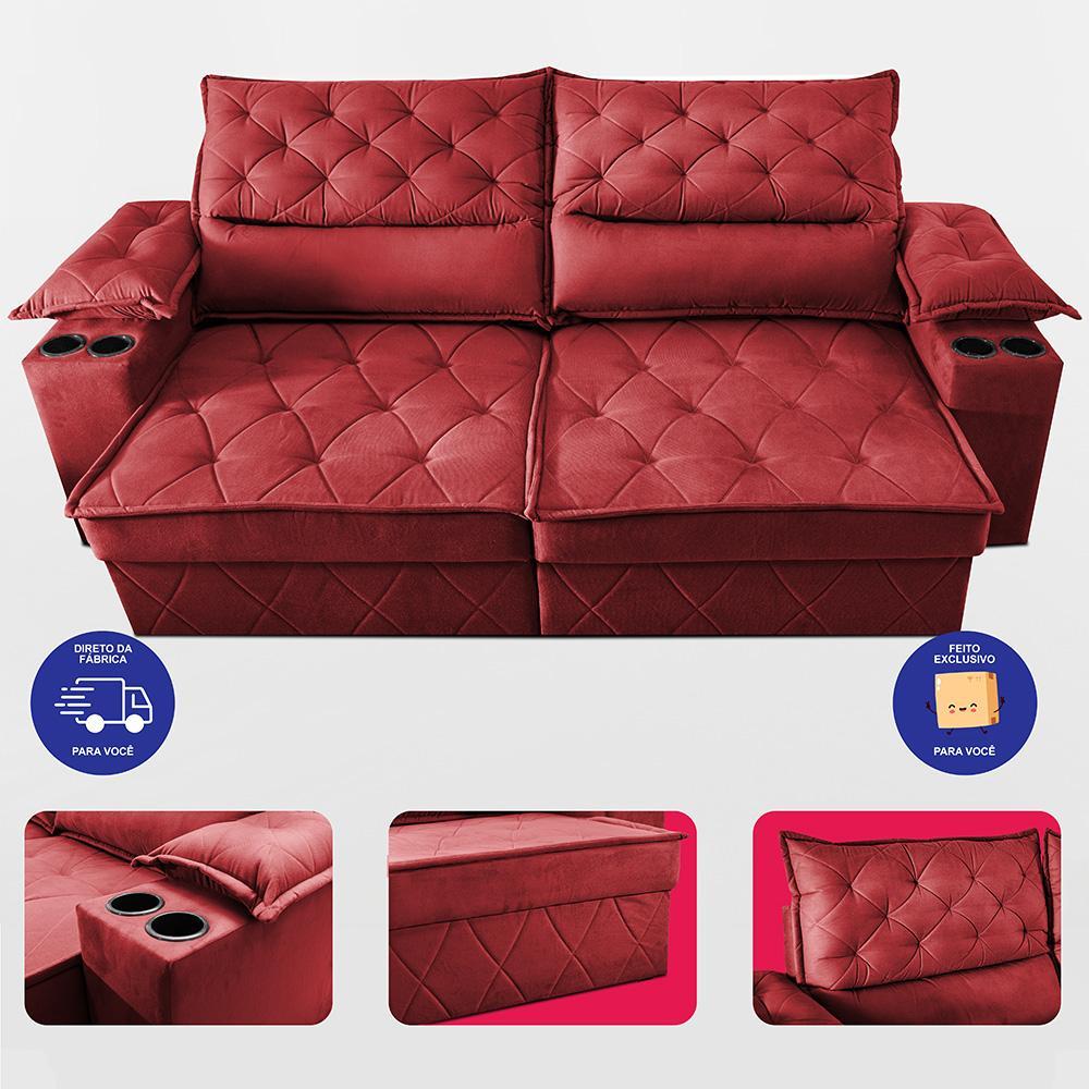 Sofá Retrátil e Reclinável 2,10m com Porta Copos e Molas Cosmos Velusoft Vermelho Cama inBox - 5