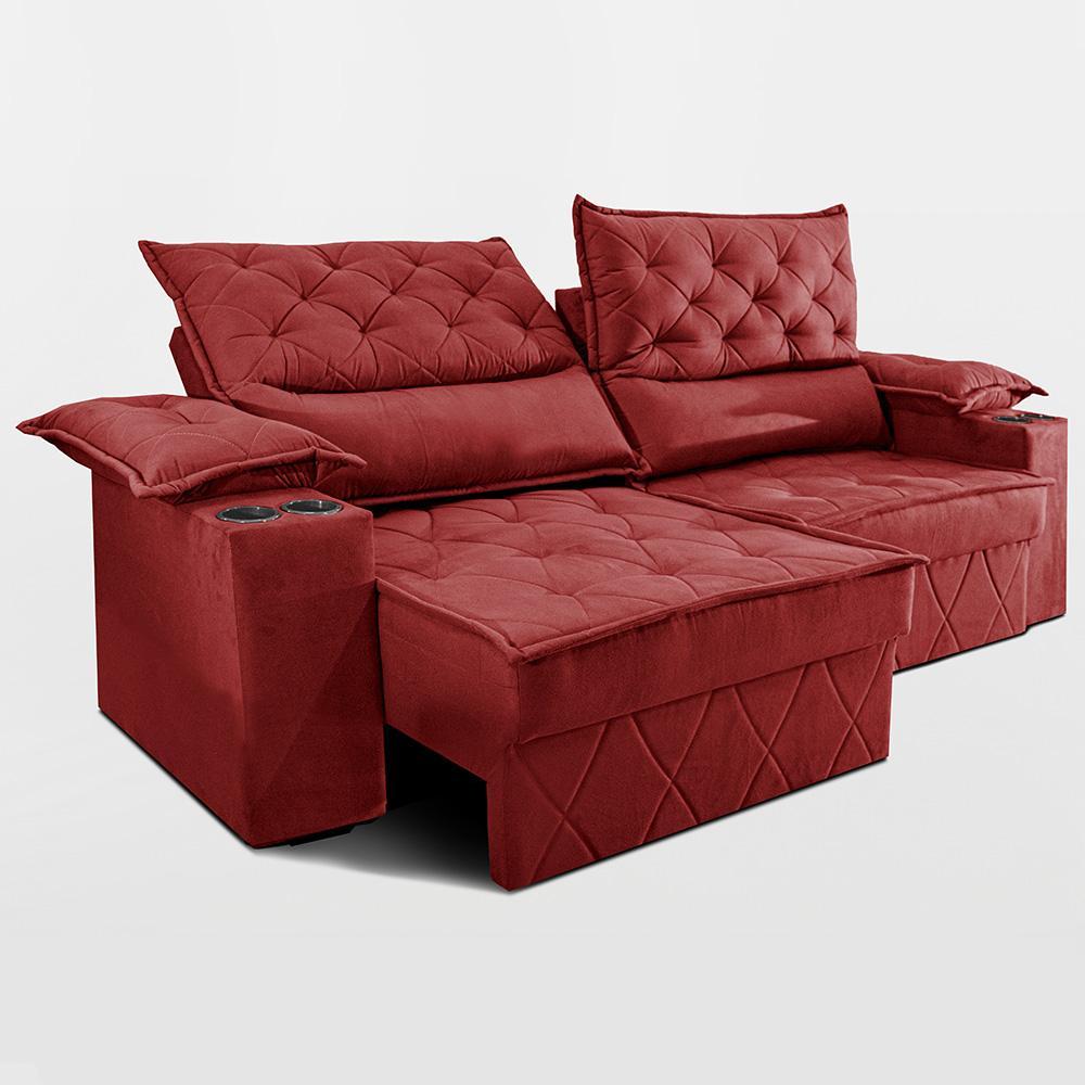 Sofá Retrátil e Reclinável 2,10m com Porta Copos e Molas Cosmos Velusoft Vermelho Cama inBox - 6