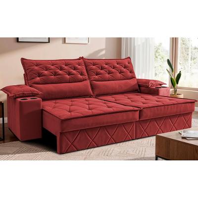 Sofá Retrátil e Reclinável 2,10m com Porta Copos e Molas Cosmos Velusoft Vermelho Cama inBox