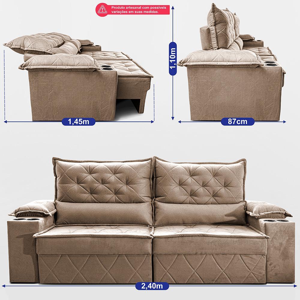 Sofá Retrátil e Reclinável 2,40m com Porta Copos e Molas Cosmos Velusoft Bege Cama inBox - 3