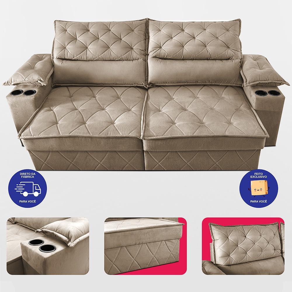 Sofá Retrátil e Reclinável 2,40m com Porta Copos e Molas Cosmos Velusoft Bege Cama inBox - 5