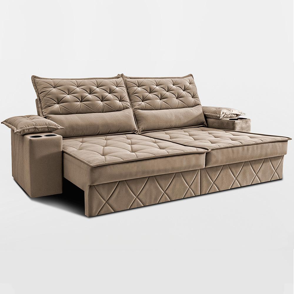 Sofá Retrátil e Reclinável 2,40m com Porta Copos e Molas Cosmos Velusoft Bege Cama inBox - 8