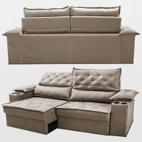Sofá Retrátil e Reclinável 2,40m com Porta Copos e Molas Cosmos Velusoft Bege Cama inBox - 7