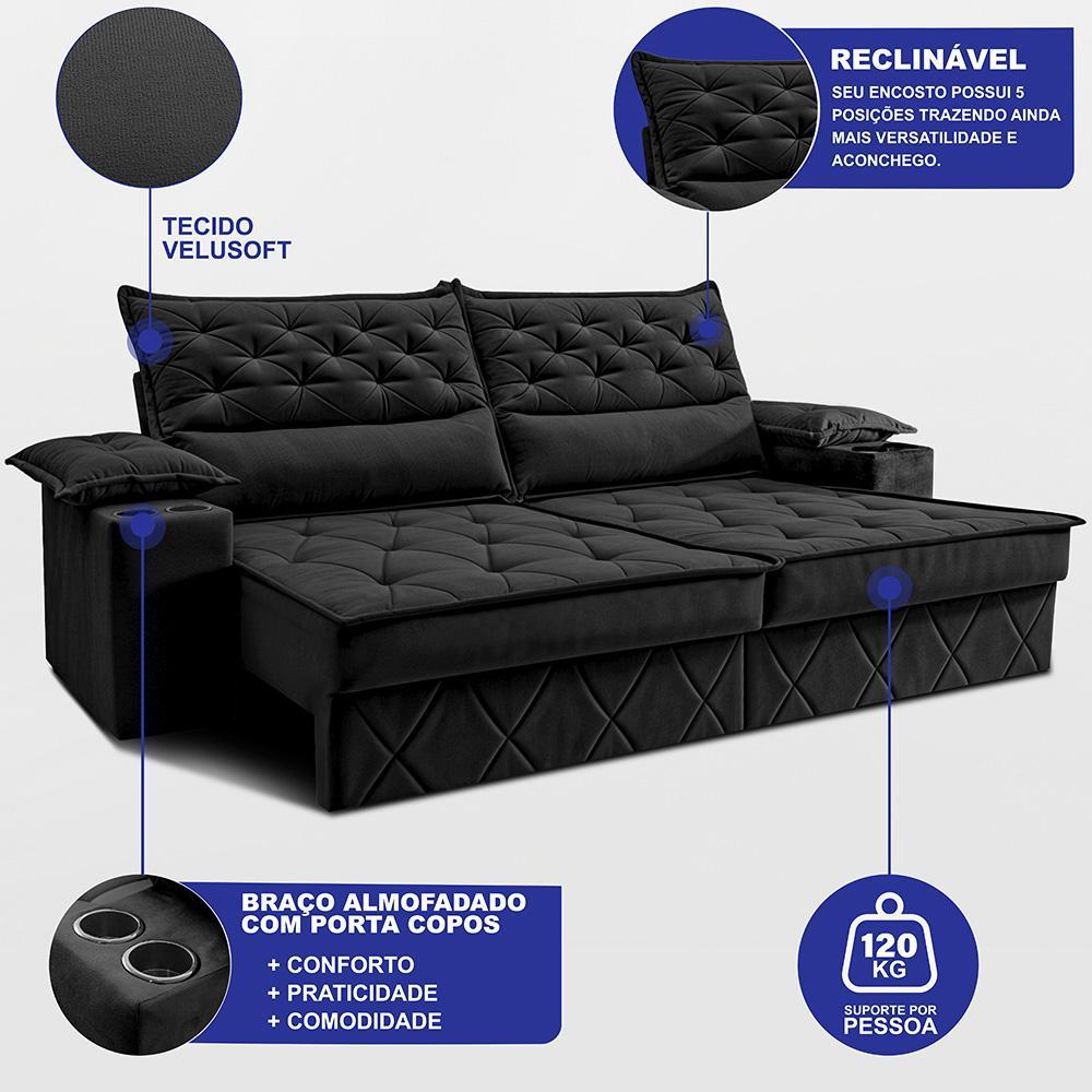 Sofá Retrátil e Reclinável 2,10m com Porta Copos e Molas Cosmos Velusoft Preto Cama inBox - 2