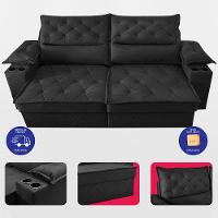 Sofá Retrátil e Reclinável 2,10m com Porta Copos e Molas Cosmos Velusoft Preto Cama inBox - 5