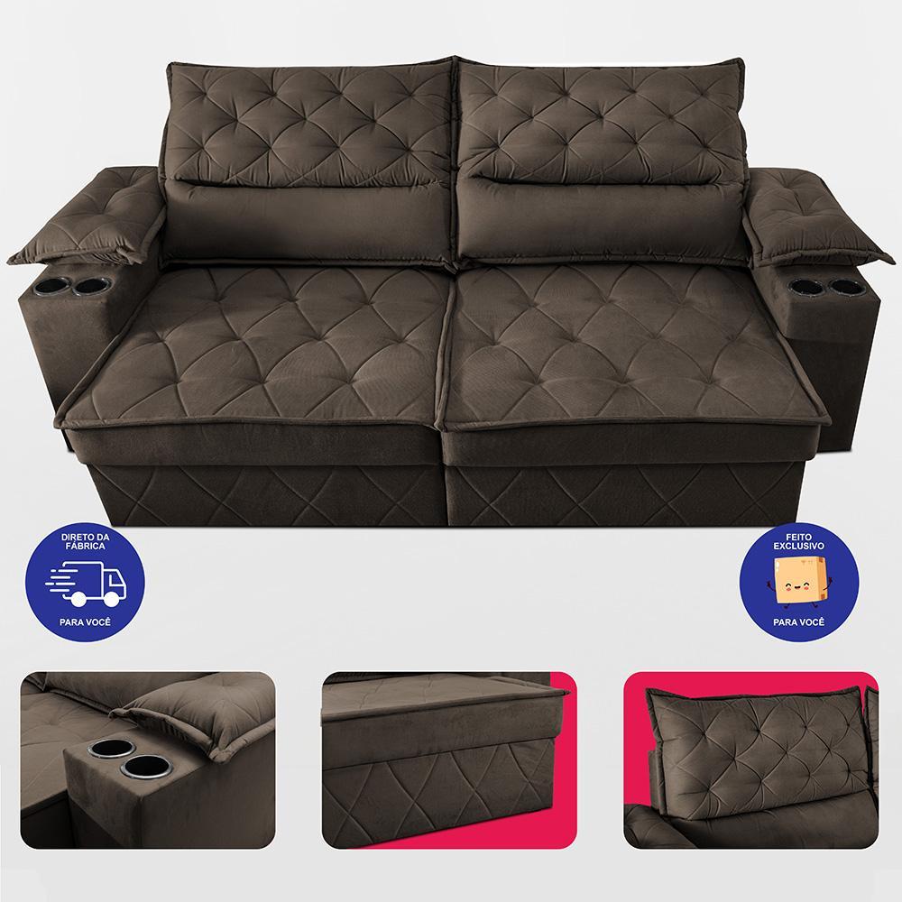 Sofá Retrátil e Reclinável 2,10m com Porta Copos e Molas Cosmos Velusoft Café Cama inBox - 5