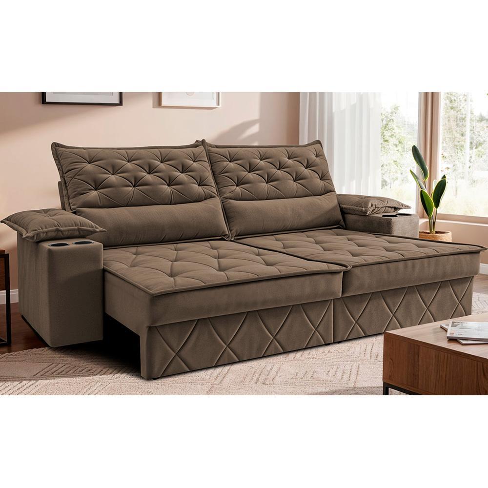 Sofá Retrátil e Reclinável 2,10m com Porta Copos e Molas Cosmos Velusoft Castor Cama inBox - 1