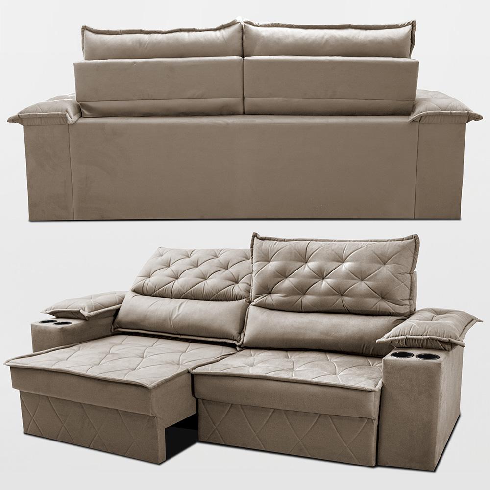 Sofá Retrátil e Reclinável 2,10m com Porta Copos e Molas Cosmos Velusoft Bege Cama inBox - 7