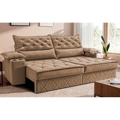 Sofá Retrátil e Reclinável 2,10m com Porta Copos e Molas Cosmos Velusoft Bege Cama inBox