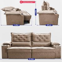 Sofá Retrátil e Reclinável 2,10m com Porta Copos e Molas Cosmos Velusoft Bege Cama inBox - 3