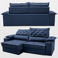 Sofá Retrátil e Reclinável 2,10m com Porta Copos e Molas Cosmos Velusoft Azul Cama inBox - 7