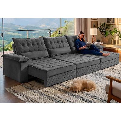Sofá Retrátil e Reclinável 4,20m com Molas e Espuma D33 Thunder Velusoft Cinza Cama inBox