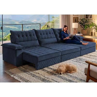 Sofá Retrátil e Reclinável 4,20m com Molas e Espuma D33 Thunder Velusoft Azul Cama inBox