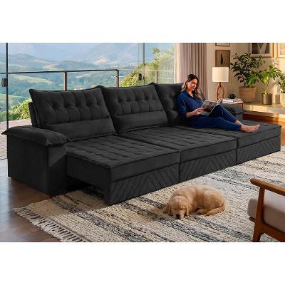 Sofá Retrátil e Reclinável 3,90m com Molas e Espuma D33 Thunder Velusoft Preto Cama inBox