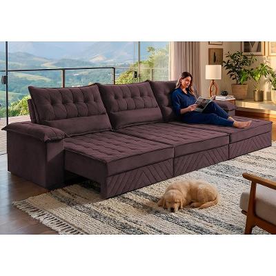 Sofá Retrátil e Reclinável 3,60m com Molas e Espuma D33 Thunder Velusoft Vinho Cama inBox