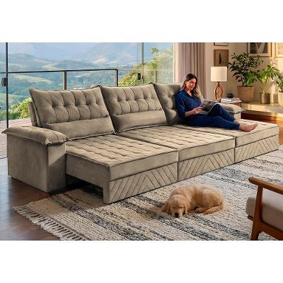 Sofá Retrátil e Reclinável 3,90m com Molas e Espuma D33 Thunder Velusoft Bege Cama inBox