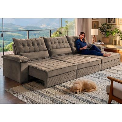 Sofá Retrátil e Reclinável 3,60m com Molas e Espuma D33 Thunder Velusoft Castor Cama inBox
