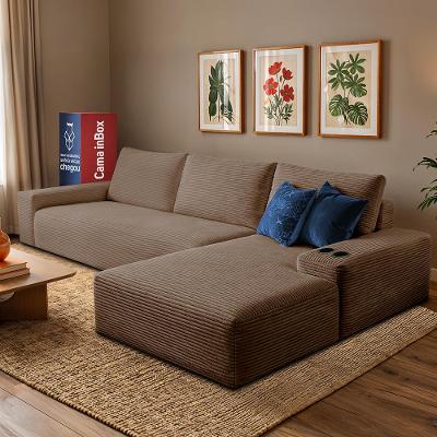 Sofá Modular Evo de 3 Lugares com Chaise Dir Two 2,70m Boost Tech em Velourê Marrom Cama inBox