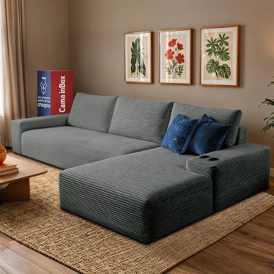 Sofá Modular Evo de 3 Lugares com Chaise Dir Two 2,70m Boost Tech em Velourê Cinza Escuro Cama inBox