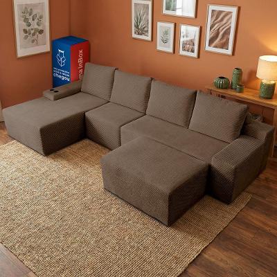 Sofá Evo 3,40m Molas Ensacadas com Apoio Chaise Lounge Esquerda Velourê  Marrom Cama inBox