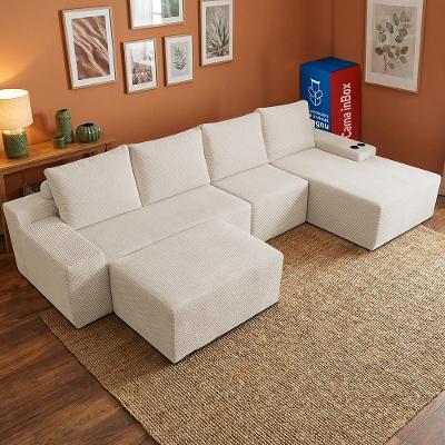 Sofá Modular Evo de 4 Lugares com apoio Chaise Dir Four 3,40m Boost Tech em Velourê Bege Cama inBox