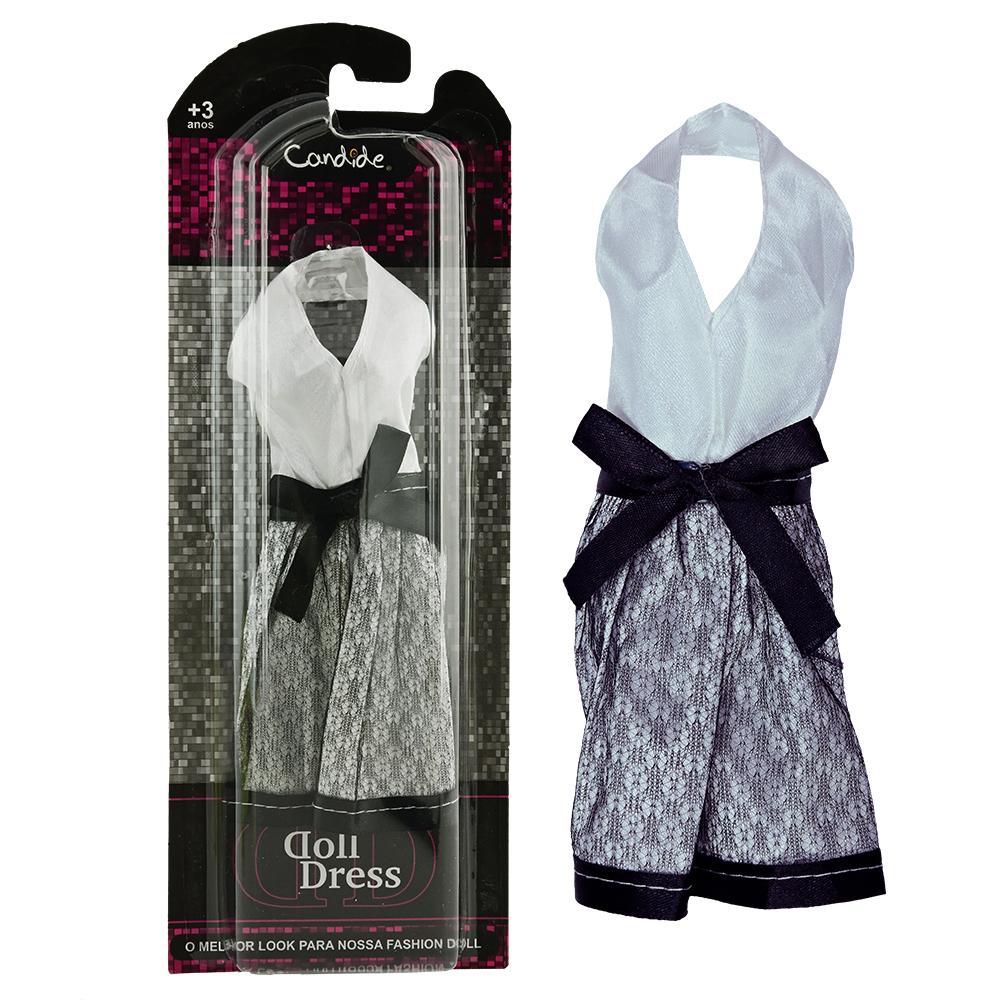 Vestido Para Boneca - Basic Doll Dress - Branco e cinza com laço - 1