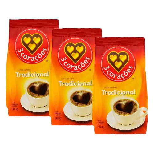 Kit Café Almofada Tradicional 3 Corações 500g 3 Unidades - 1