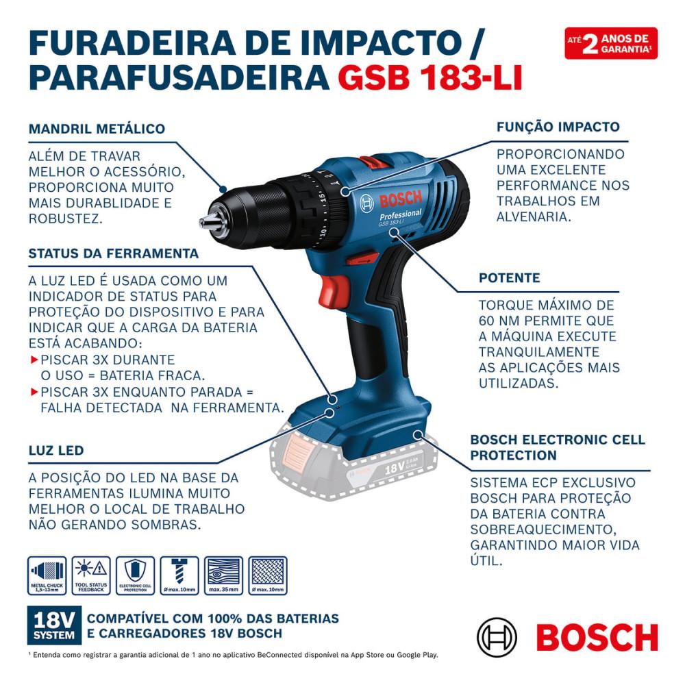 Furadeira Parafusadeira GSB 183 LI Impacto com Bateria 18V Bosch - 3