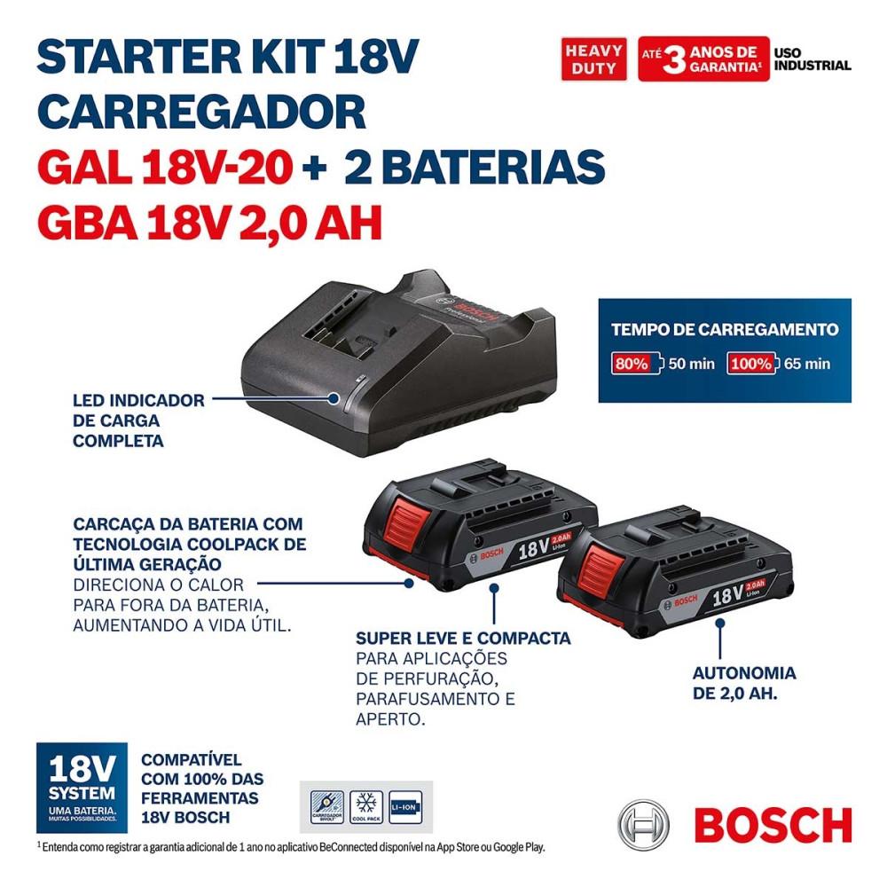 Kit 2 Baterias GBA 18V 2Ah Carregador GAL18V 20 Bivolt Bosch - 2