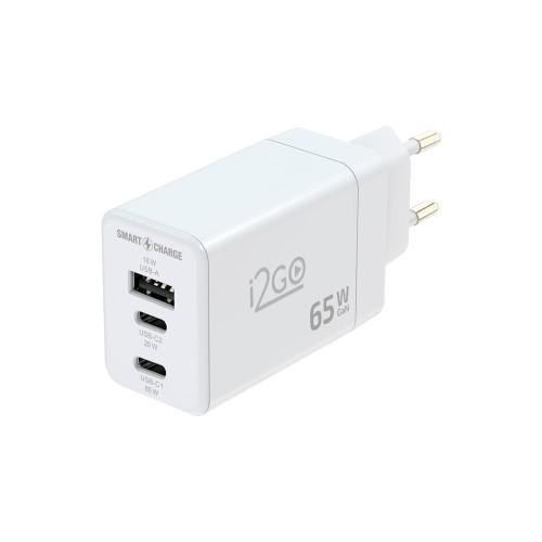 Carregador de Parede Ultra Rápido Power Delivery com 1 Saída USB-C 65W + 1 Saída USB-C 20W + 1 Saída USB-A 18W I2GO PRO - 1