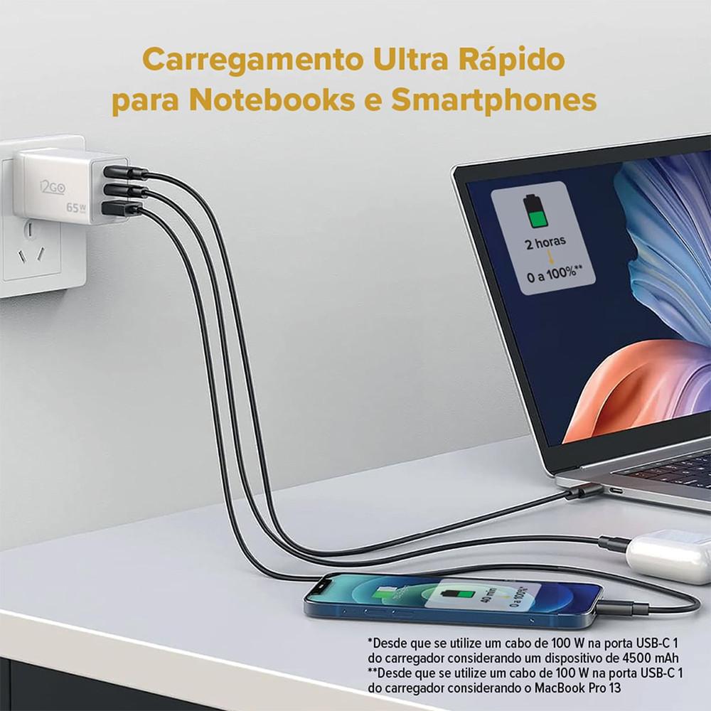 Carregador de Parede Ultra Rápido Power Delivery com 1 Saída USB-C 65W + 1 Saída USB-C 20W + 1 Saída USB-A 18W I2GO PRO - 7