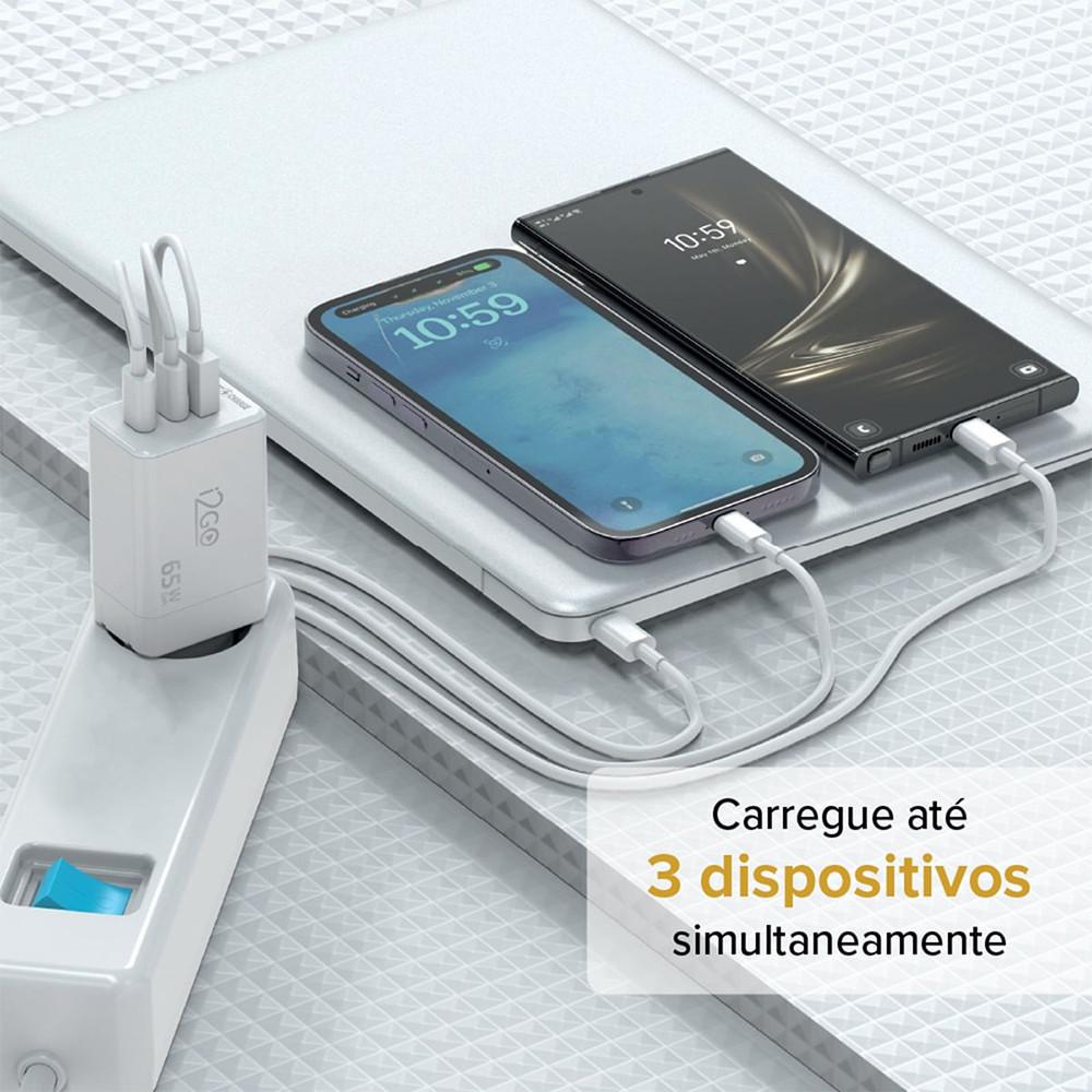Carregador de Parede Ultra Rápido Power Delivery com 1 Saída USB-C 65W + 1 Saída USB-C 20W + 1 Saída USB-A 18W I2GO PRO - 9