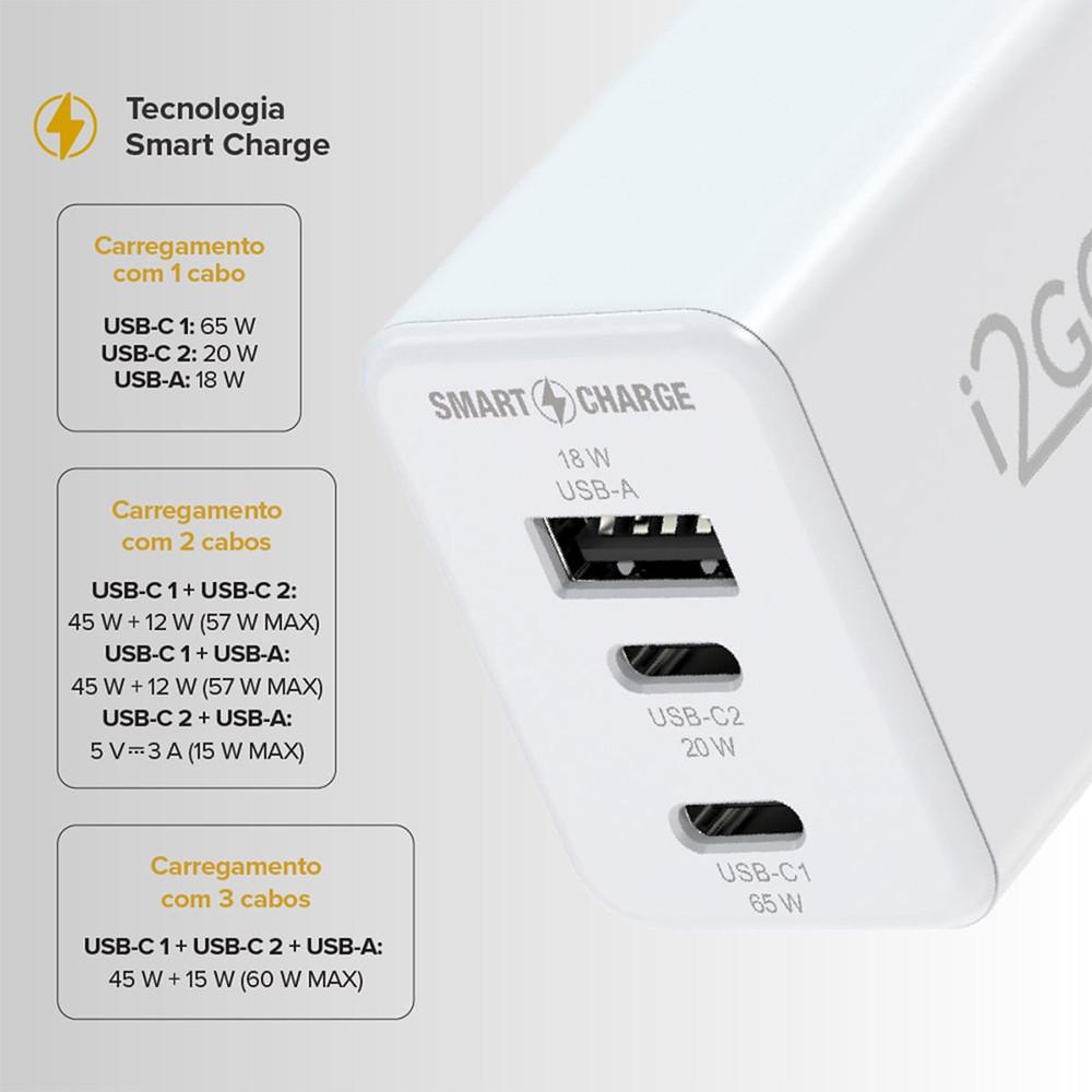 Carregador de Parede Ultra Rápido Power Delivery com 1 Saída USB-C 65W + 1 Saída USB-C 20W + 1 Saída USB-A 18W I2GO PRO - 10