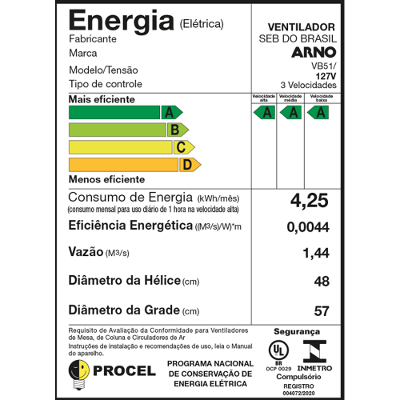Ventilador Parede Arno 50cm VB51 Extreme Force Breezer Preto 127v