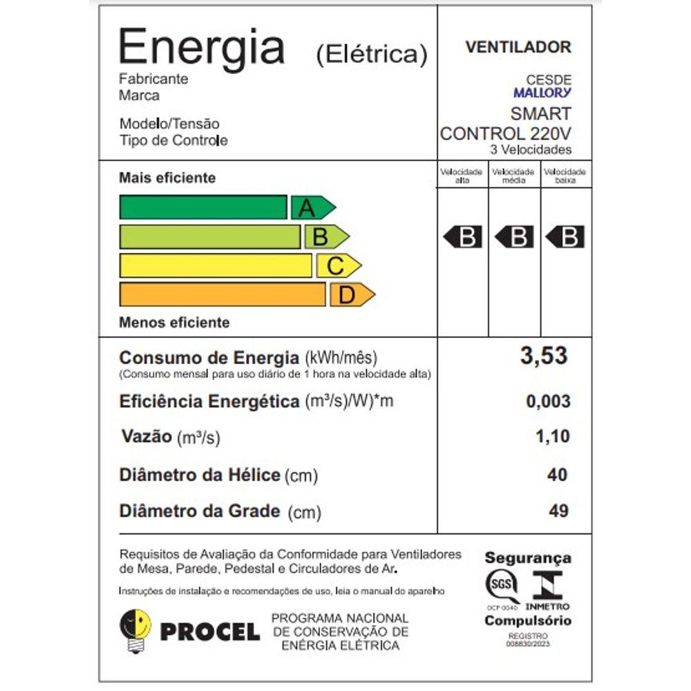 Ventilador de Parede com Controle Mallory 40Cm Smart Control Preto 220V - 3