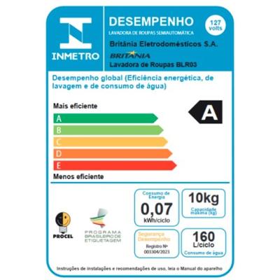 Máquina de Lavar Semi Automática 10Kg Britânia BLR03 Branca 110v