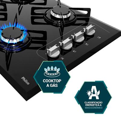 Cooktop a Gás Philco 4 Bocas Cook Chef 4 Vidro Temperado 8mm Preto Bivolt
