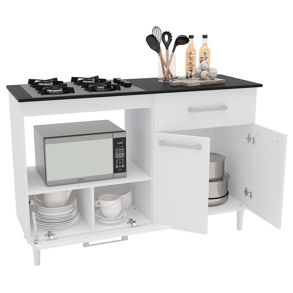 Balcão para Cooktop de 4 Bocas Politorno Cidra com Nicho para Micro-ondas, 3 Portas e 1 Gaveta - Branco/Preto - 3
