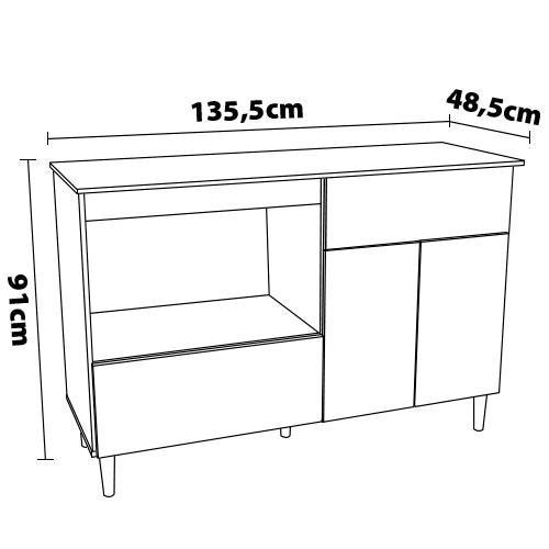 Balcão para Cooktop de 4 Bocas Politorno Cidra com Nicho para Micro-ondas, 3 Portas e 1 Gaveta - Branco/Preto - 8
