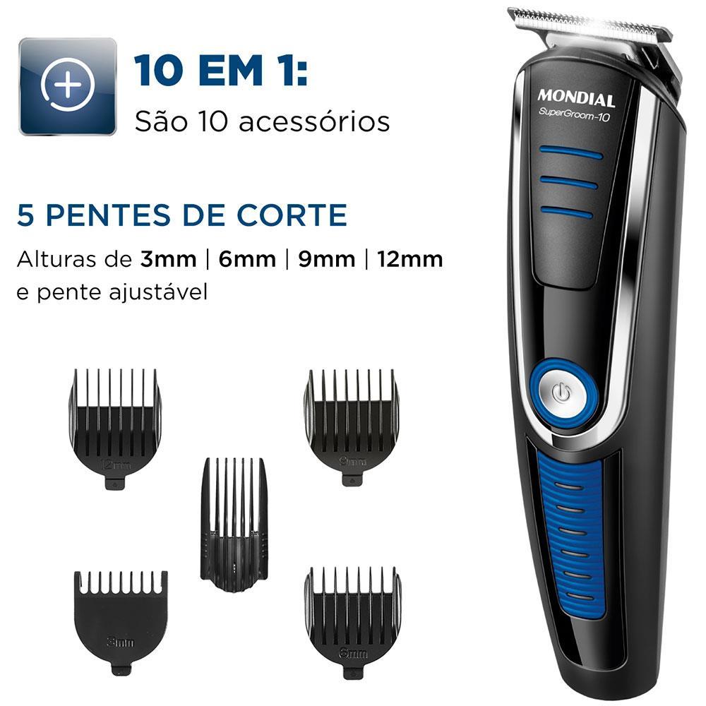 Aparador de Pelos Mondial Super Groom 10 em 1 BG-03 Sem Fio Preto/Azul - Bivolt - 3