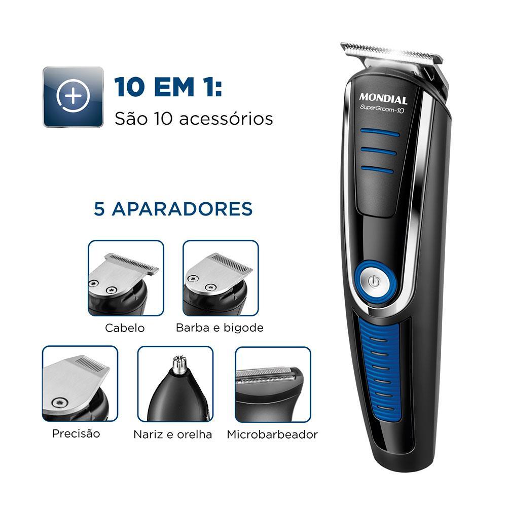 Aparador de Pelos Mondial Super Groom 10 em 1 BG-03 Sem Fio Preto/Azul - Bivolt - 5