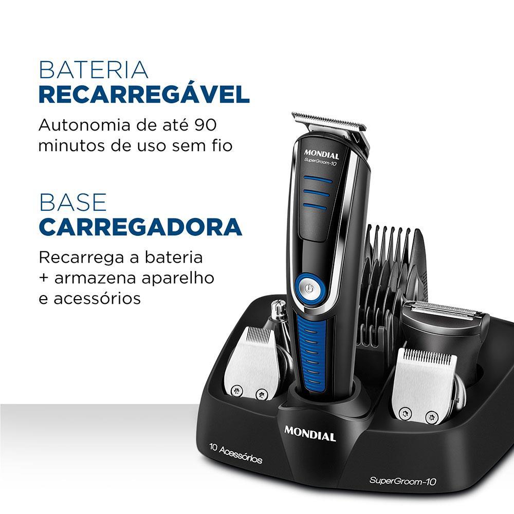 Aparador de Pelos Mondial Super Groom 10 em 1 BG-03 Sem Fio Preto/Azul - Bivolt - 7