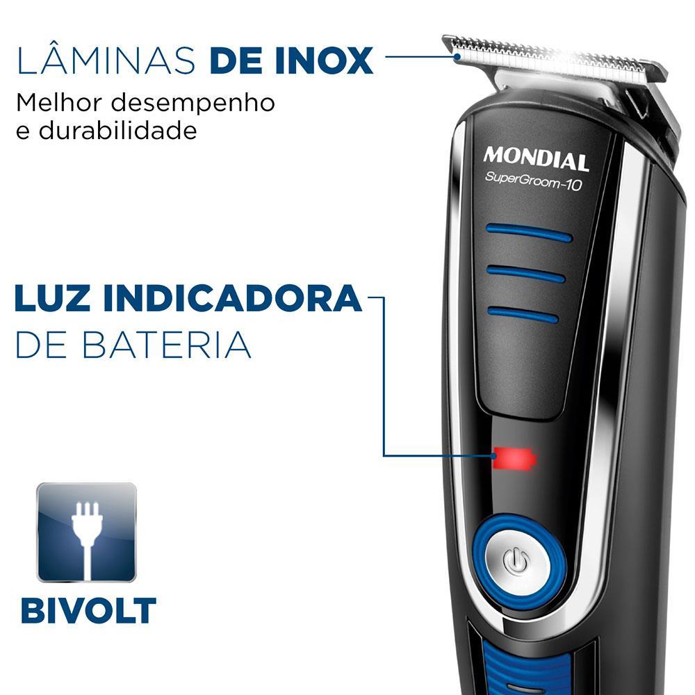 Aparador de Pelos Mondial Super Groom 10 em 1 BG-03 Sem Fio Preto/Azul - Bivolt - 9