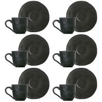 Conjunto com 6 Xícaras e Pires para Café Porto Brasil Carbon em Stoneware Preto - 120 ml - 1