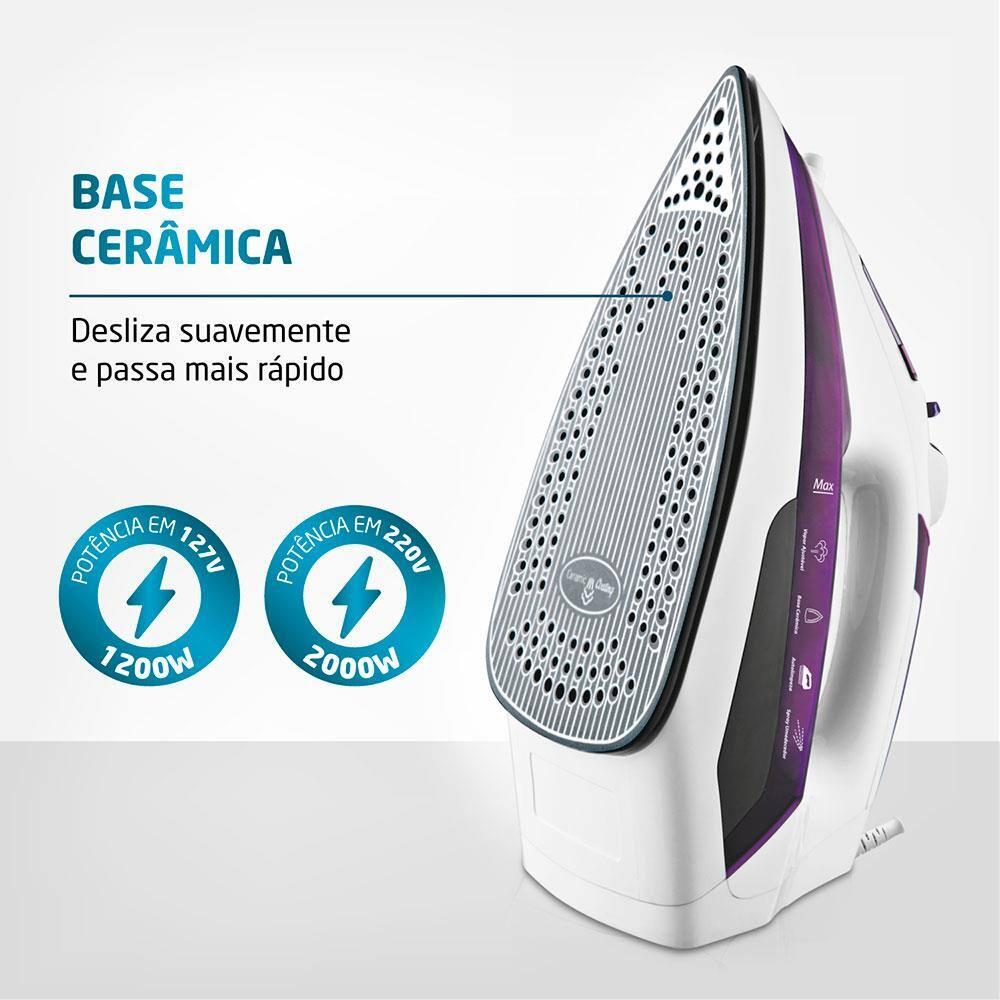 Ferro de Passar a Vapor Mondial Ceramic Express F-40 com Spray e Base Cerâmica - Branco/Roxo - 2
