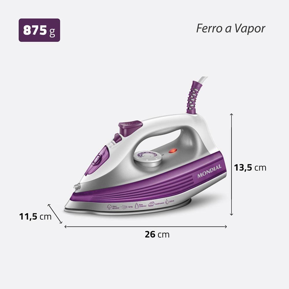 Ferro de Passar a Vapor Mondial FVN-01-P Spray e Base Cerâmica Diamante Branco/Roxo - 11