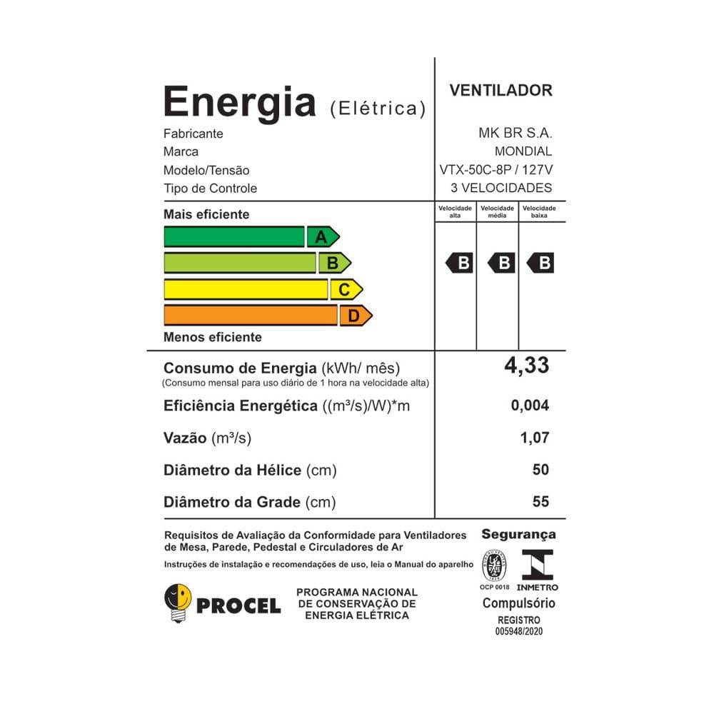 Ventilador de Coluna Mondial Turbo VTX-50C-8P 50cm, 8 pás, 150W - Preto - 8
