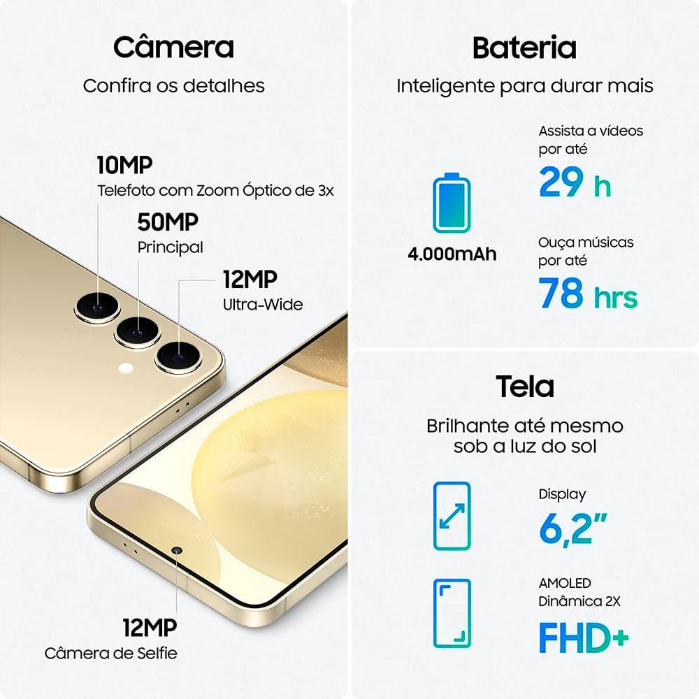 Smartphone Samsung Galaxy S24 5G Creme 256GB, Tela 6.2", 8GB RAM, Inteligência Artificial, IP68, Processador Exynos 2400, Câmera Tripla Traseira - 8